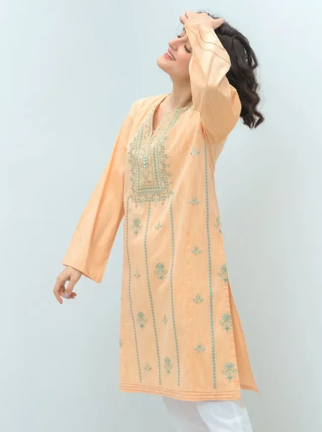 Asian Womens Stitched Peach Embroidered Chambray Kurti