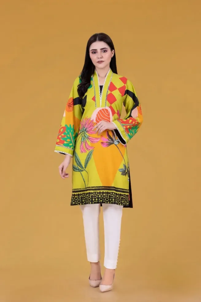 Womens Gul Ahmed Digital Printed Cambric Kurti With Lace Detail