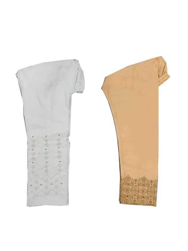 Pack of 2 Beige & White Ladies Embroidered Cotton Trousers