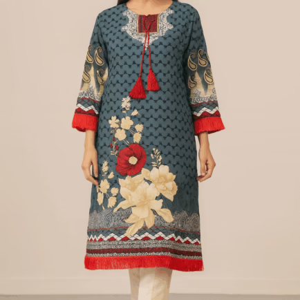 Grey Printed Linen Casual Kurti