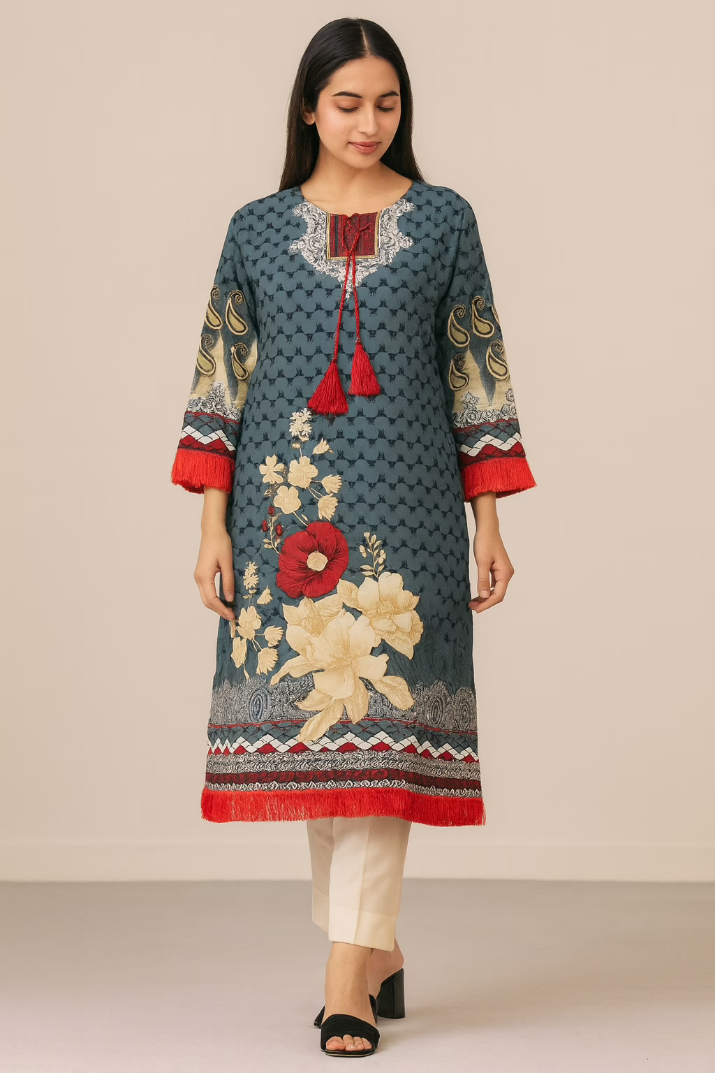 Grey Printed Linen Casual Kurti
