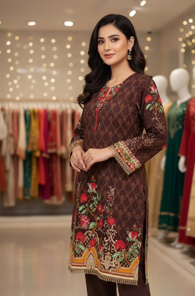 Printed Brown Winter Linen Kurti