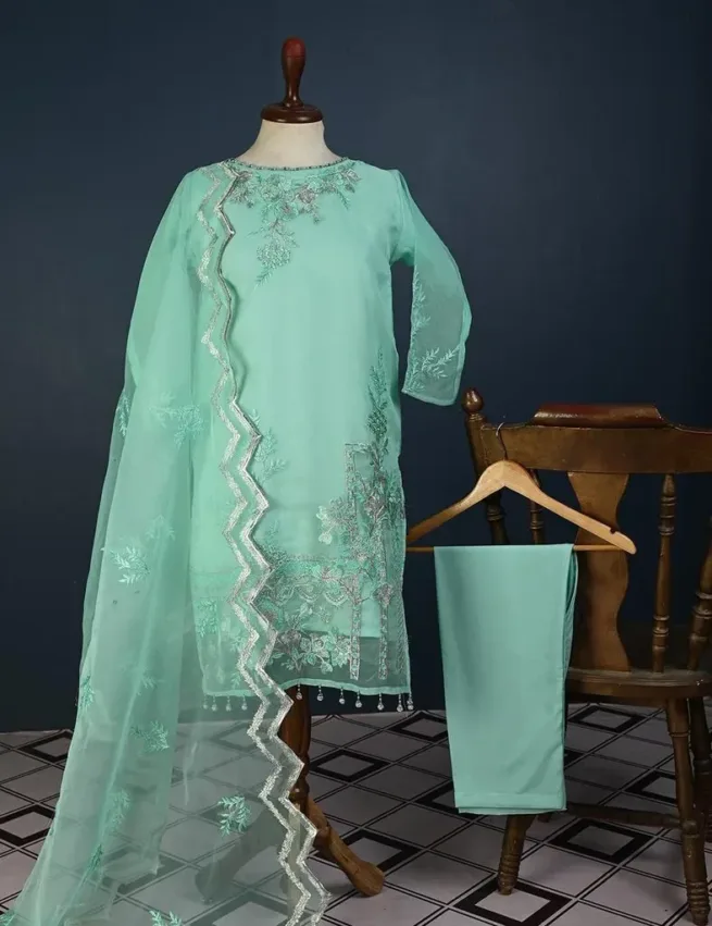 Mint Green Party Wear 3 Piece Organza Salwar Kameez Suit