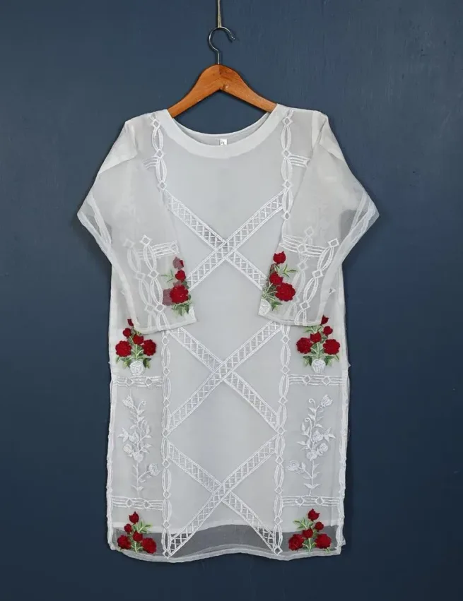 Asian Ladies Stitched Organza White Embroidered Kurti