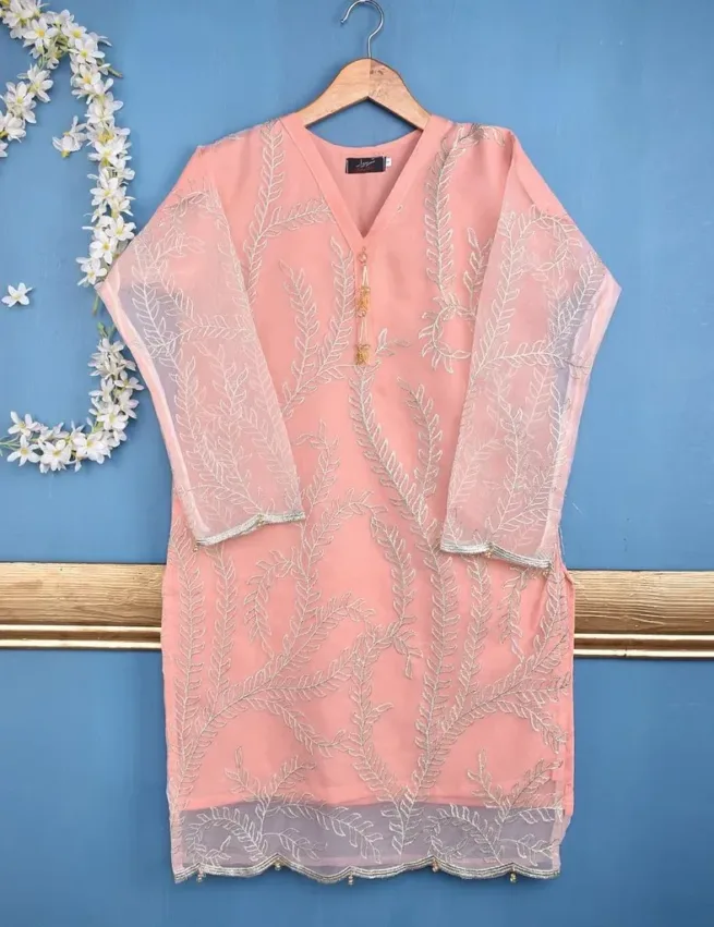 Asian Ladies Stitched Pink Organza Embroidered Kurti