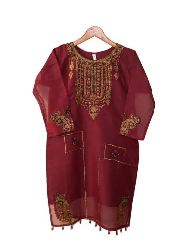 Pakistani Ladies Party Wear Maroon Stitched Embroidered Kurti Maroon