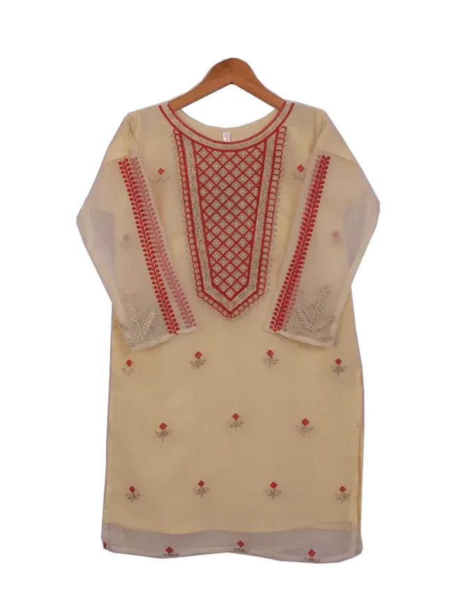 Asian Ladies Stitched Beige Organza Embroidered Kurti Skin