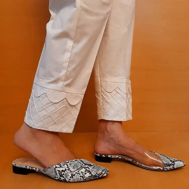 Off White Pintuck Scalloped Cotton Trouser