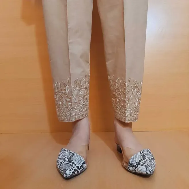 Beige Embroidered Soft Cotton Trouser