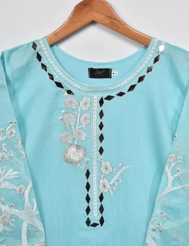 Ladies Stitched Blue Paper Cotton Mirror Work Kurti