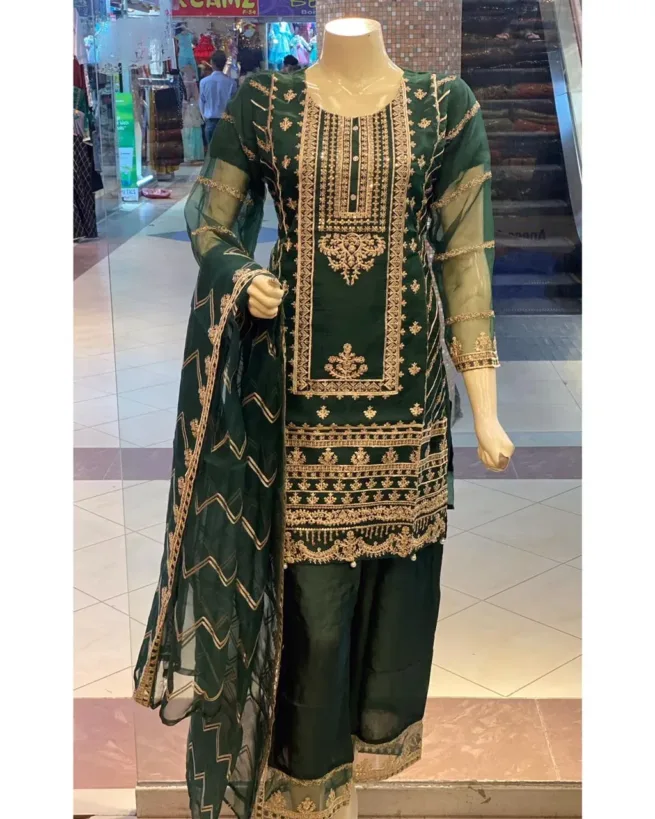 Embroidered Stitched Organza Salwar Kameez Suit