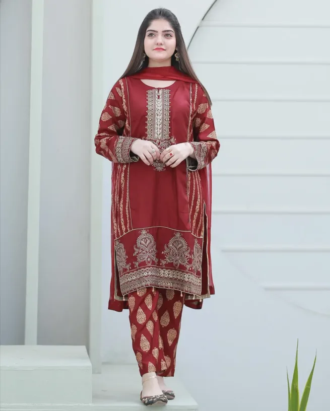 Maroon Printed 3 Piece Salwar Kameez