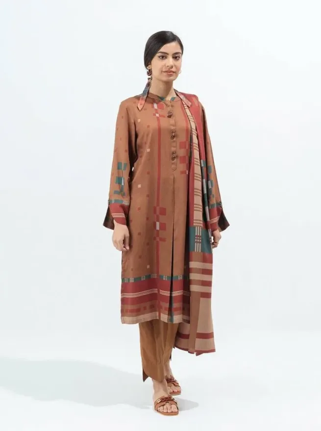 Brown 2 Piece Linen Kameez Dupatta Set