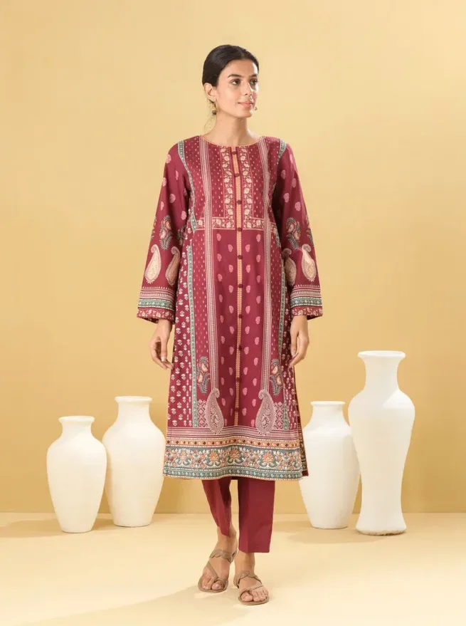 Maroon Printed Lawn Kurti