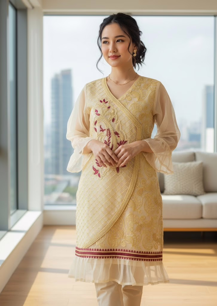 Frill Party Wear Embroidered Organza Kurta