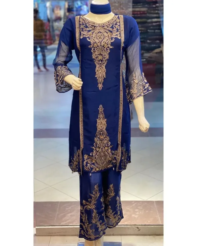 Navy Blue Organza Embroidered Suit
