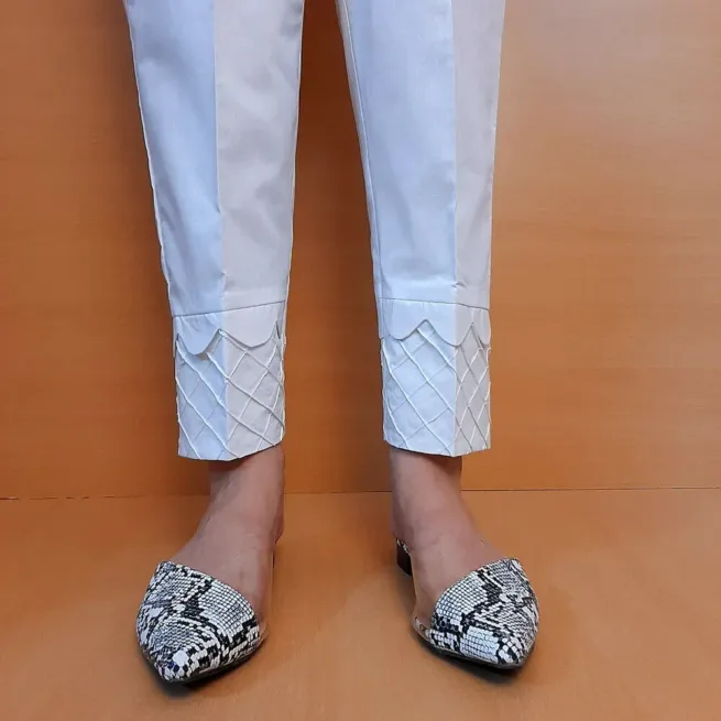 White Pintuck Scalloped Cotton Trouser