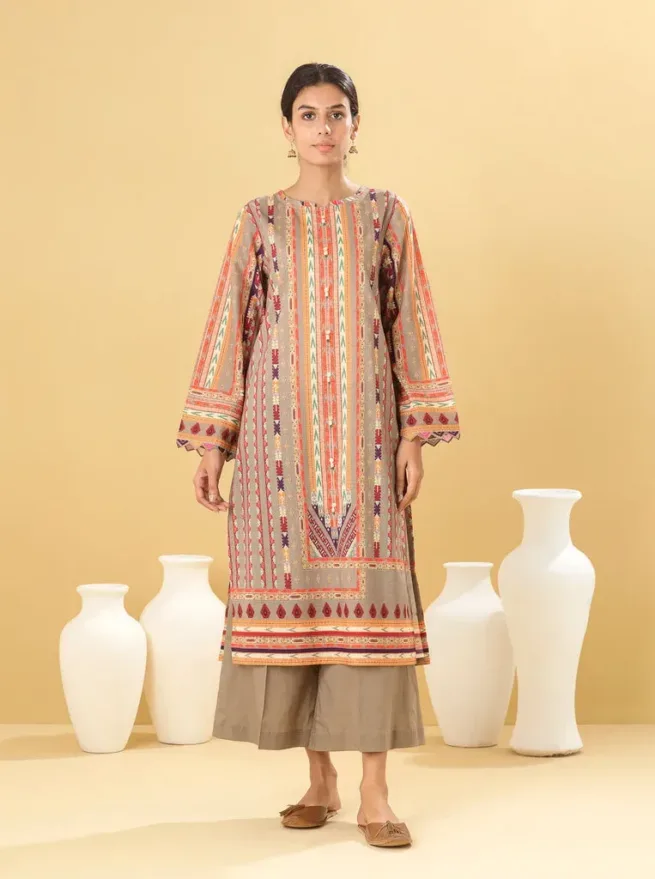 Orange Printed Lawn Kurta