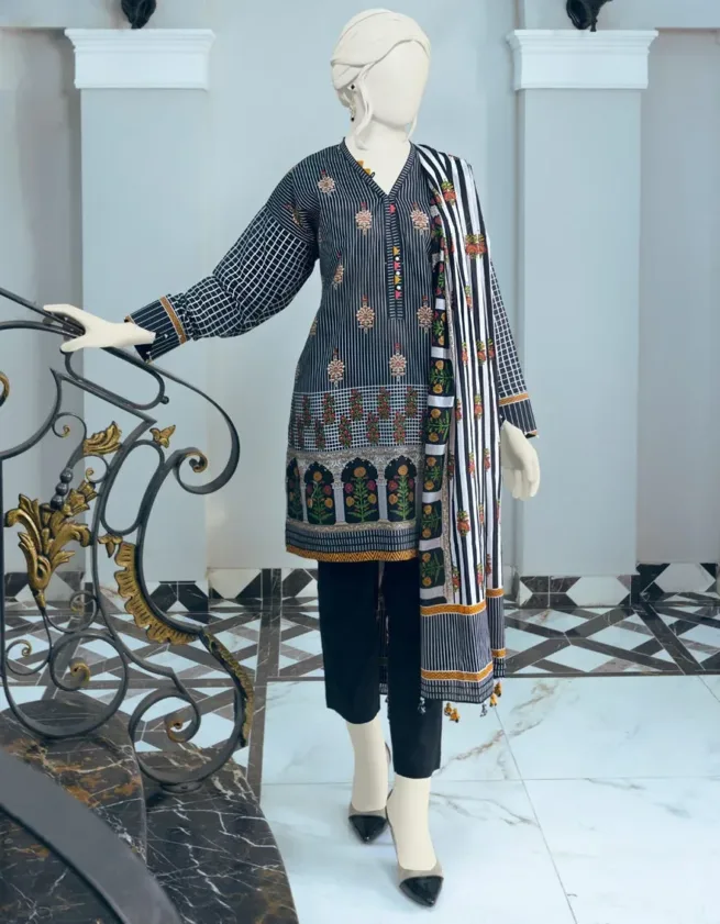 Stitched 3 Piece Black Formal Lawn Suit