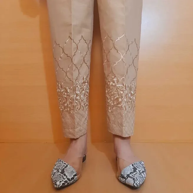 Beige Embroidered Cotton Trouser