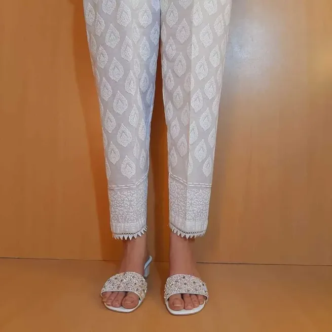 Embossed White Cotton Trouser