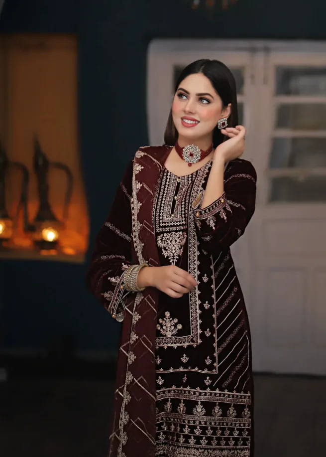 Embroidered Velvet 3 Piece Suit