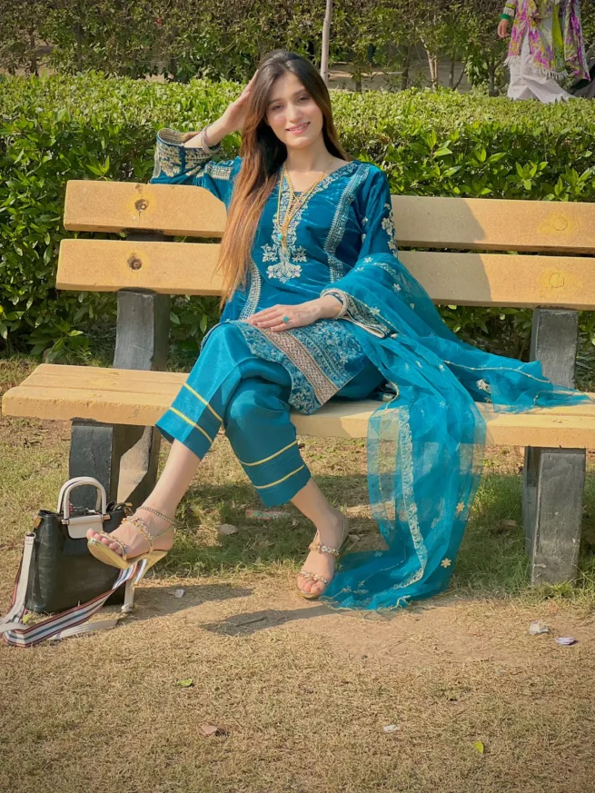 Turquoise Velvet Stitched Suit