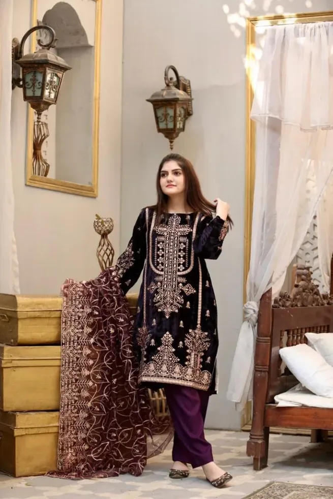 Ready Made Purple Velvet Salwar Kameez