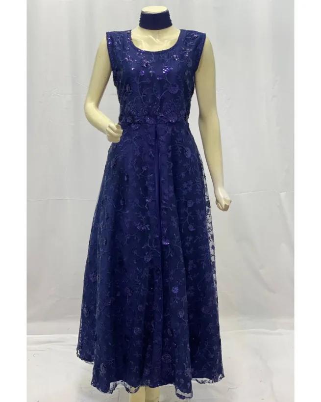 Navy Blue Net Long Dress
