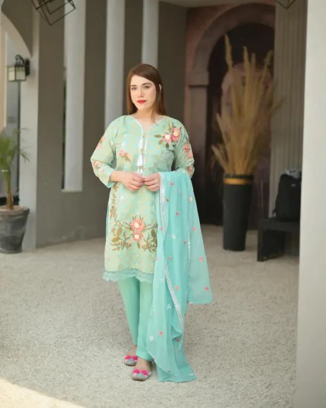 Mirror Work Poly Cotton Embroidered Suit