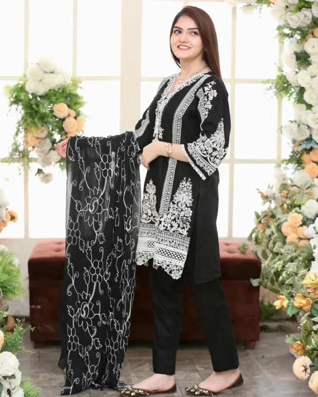 Embroidered Black Cotton Suit