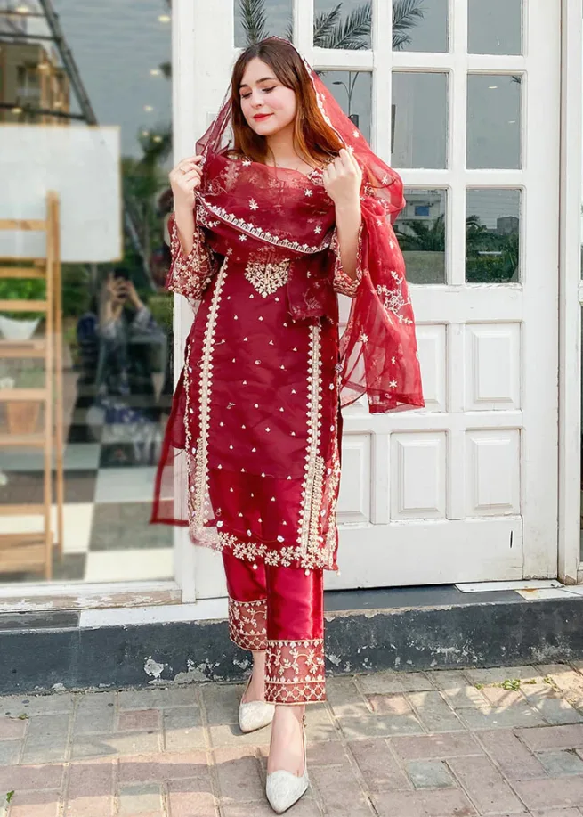 Maroon Organza Suit