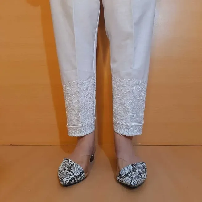Sequin Embroidered White Trouser