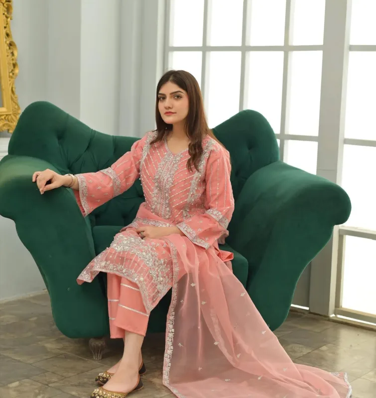 Heavily Embellished Motif Organza Suit