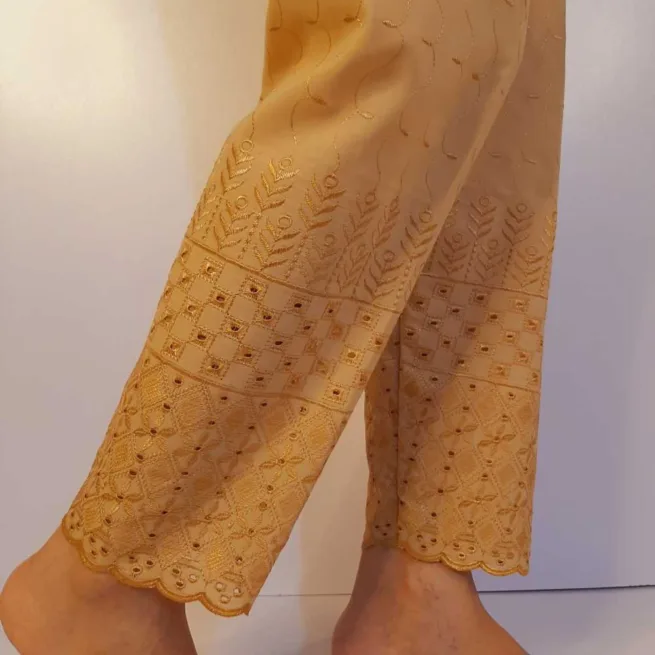 Beige Chikankari Embroidered Pants