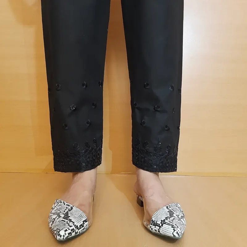 Floral Black Cotton Embroidered Trouser