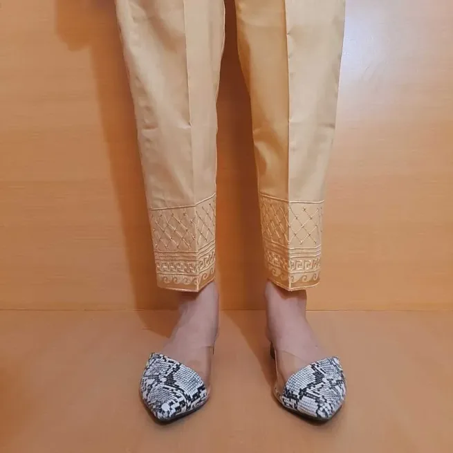 Embroidered Beige Cotton Trouser
