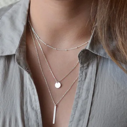 925 Sterling Silver Simple Three Layer Platinum Necklace Shiny Long Bar Pendant