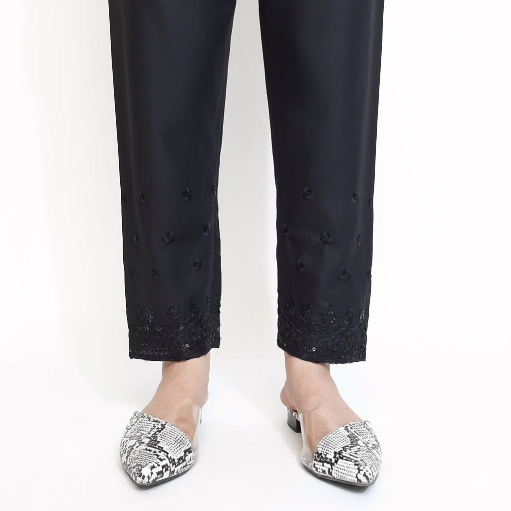 Floral Black Cotton Embroidered Trouser