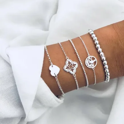 Women Girls Boho Multi Layer 5 Bracelets Bead Heart Tassel