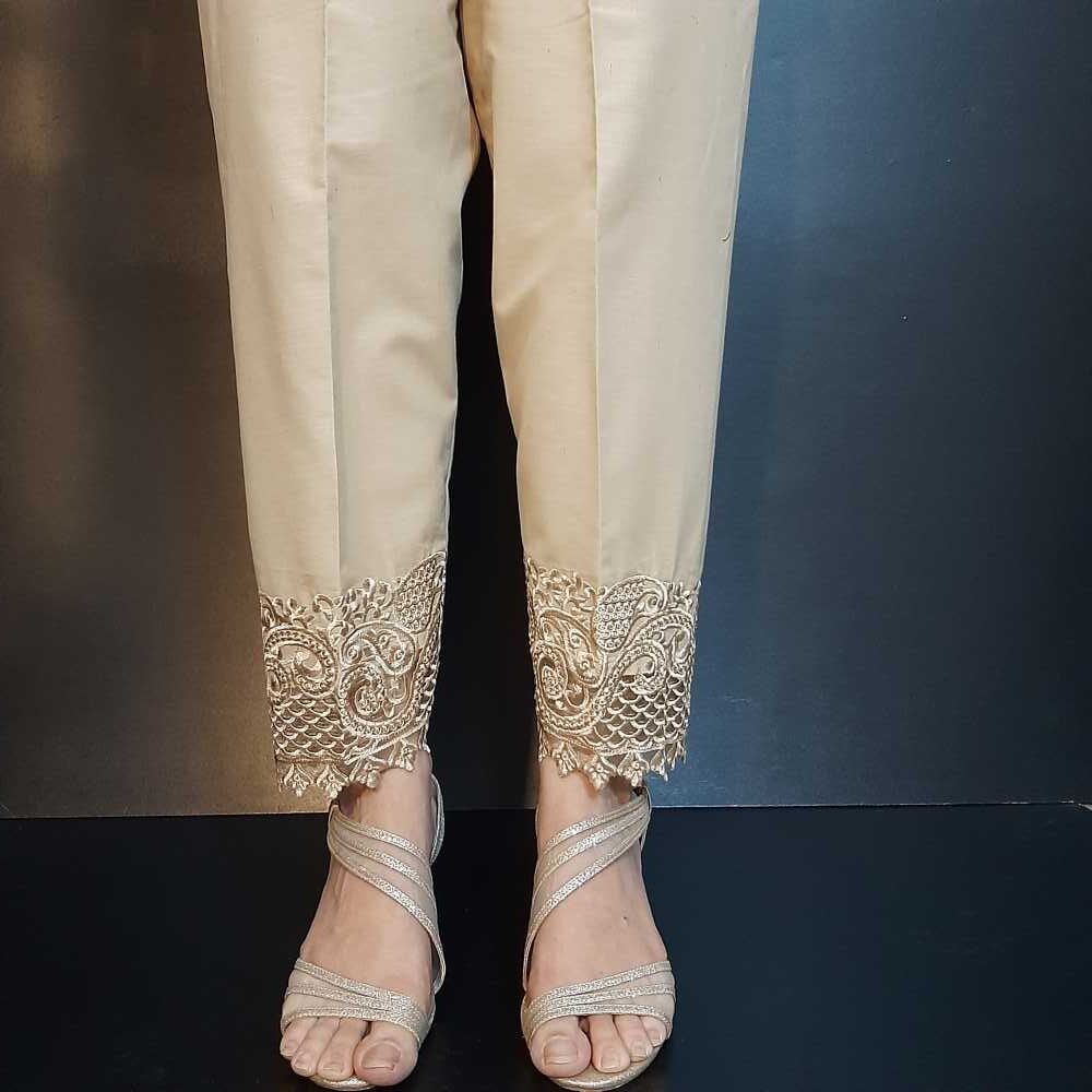 Beige Embroidered Trousers  Style Us