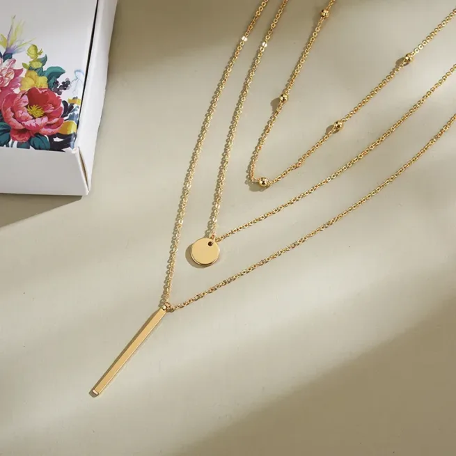 925 Sterling Gold Platinum Simple Three Layer Necklace Shiny Long Bar Pendant