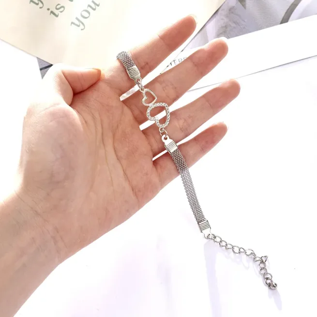 Heart Rhinestone Infinity Bracelet Silver Pendant Charm