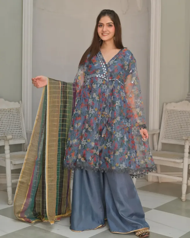 Grey Mirror Work Organza Frock & Gharara Suit