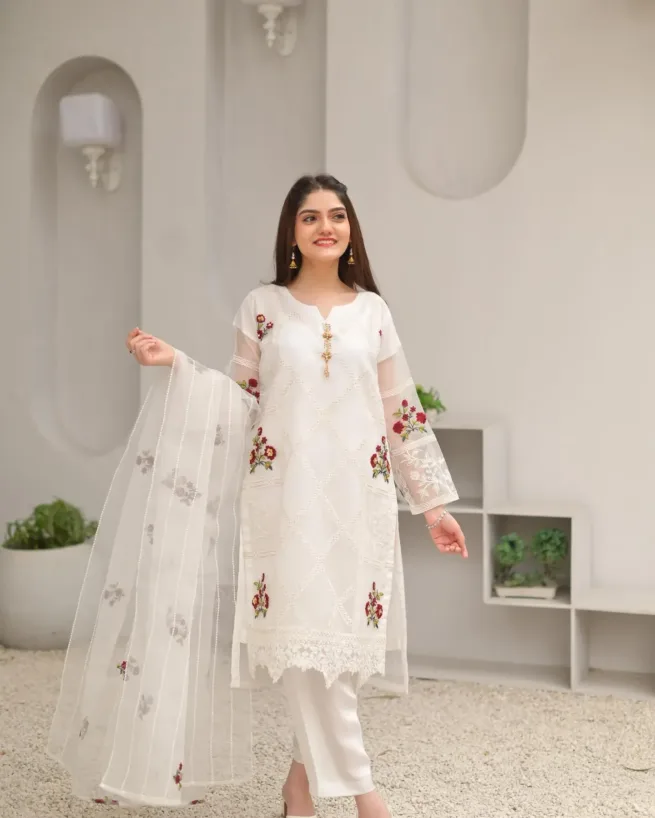 White Stitched Organza Suit