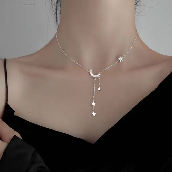 925 Sterling Silver Sterling Tassel Star Moon Necklace