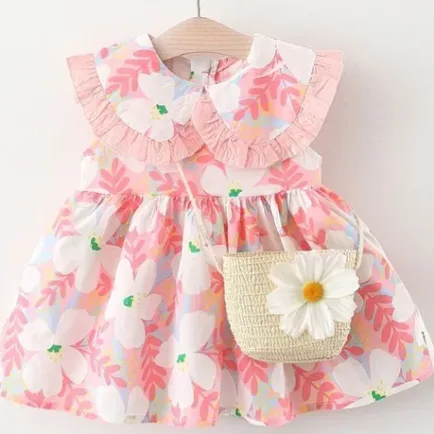 Baby Pink Printed Cotton Dress with Bag