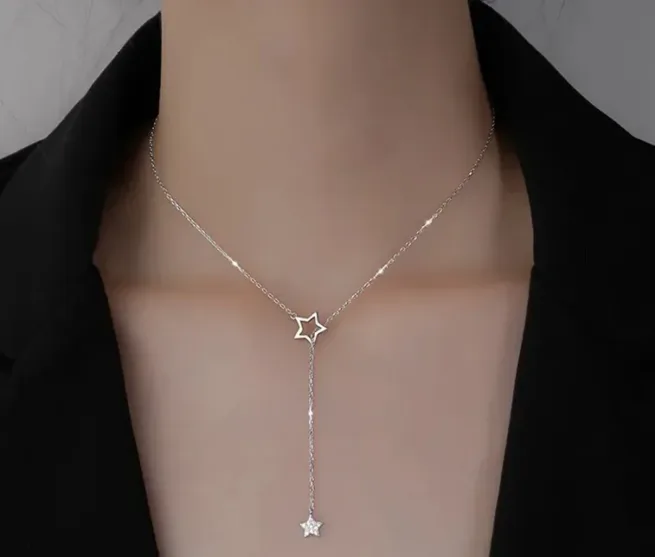 925 Sterling Silver Cute Shiny Star Choker Drop Charm Necklace