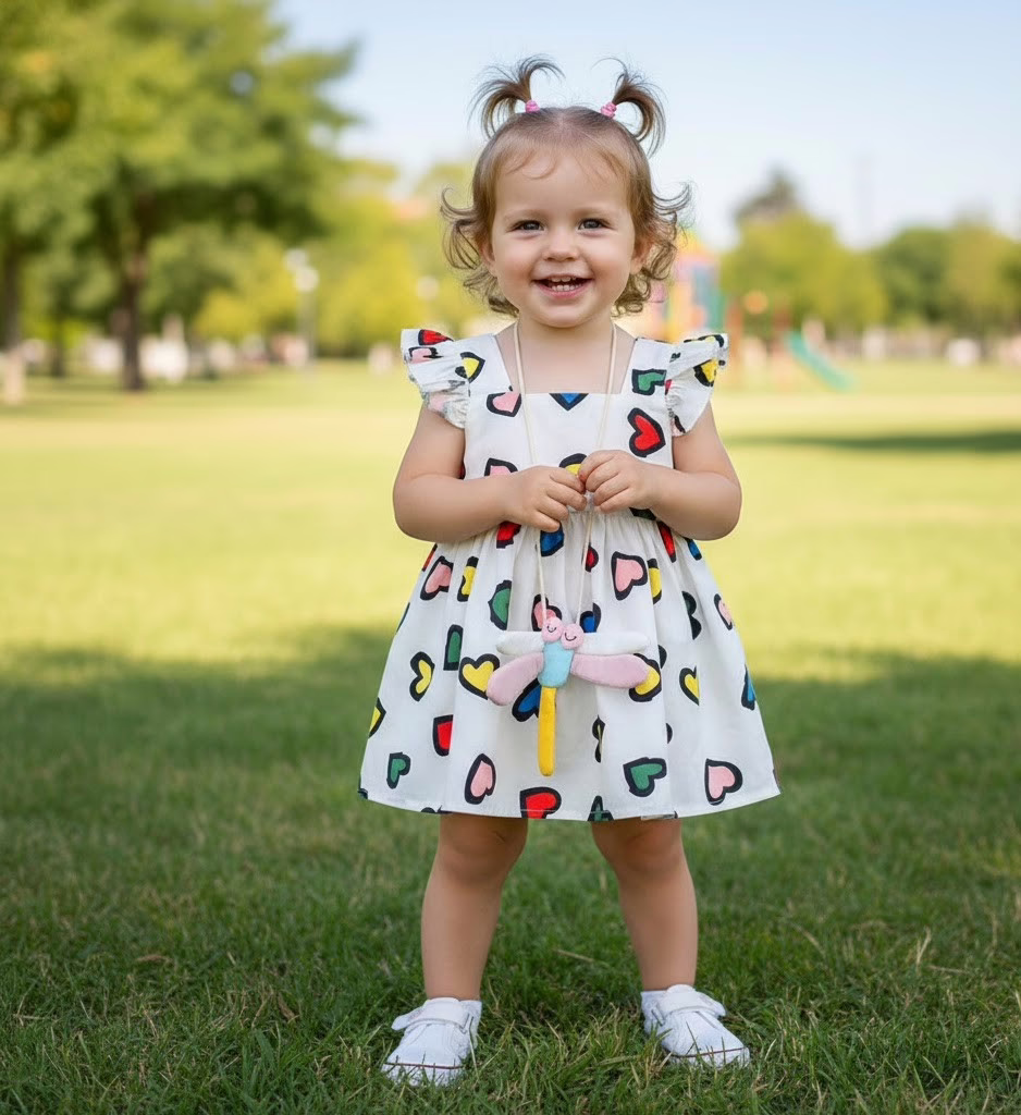 Girls White Cotton Dress with Bag