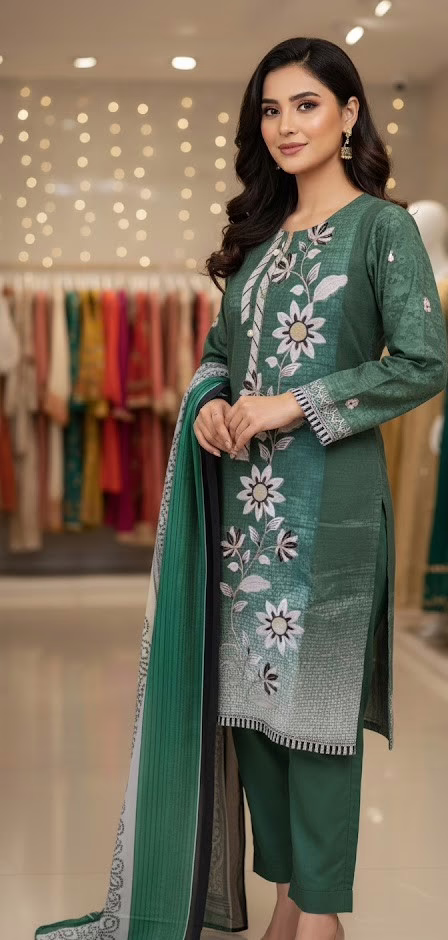 Green Embroidered 3 Piece Lawn Suit